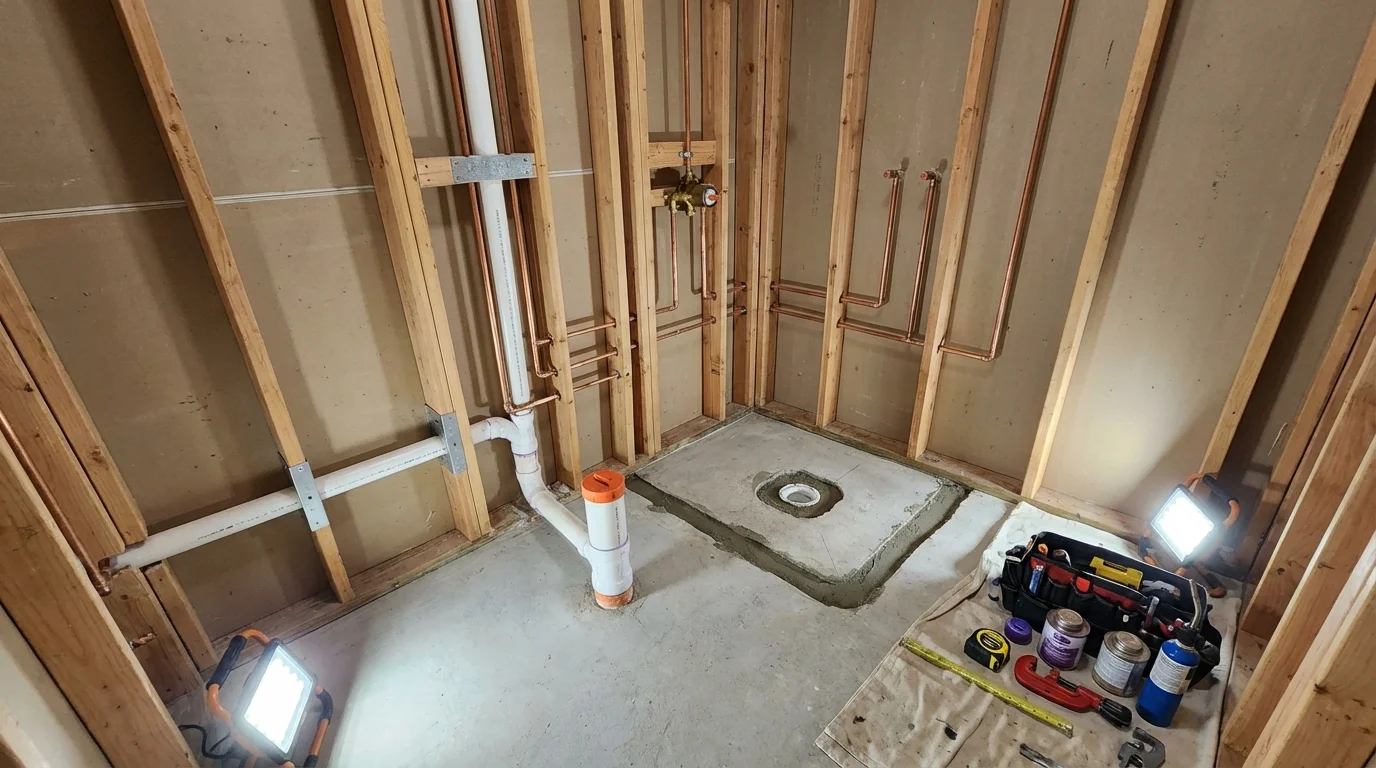 Bathroom rough-in plumbing during remodel by Johns Plumbing LLC in Tarkio