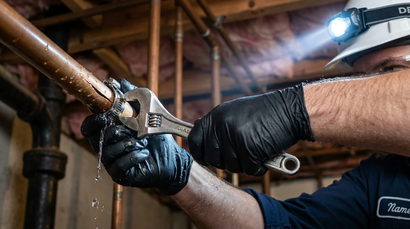 Emergency pipe clamp repair being performed by a Johns Plumbing LLC plumber in Tarkio