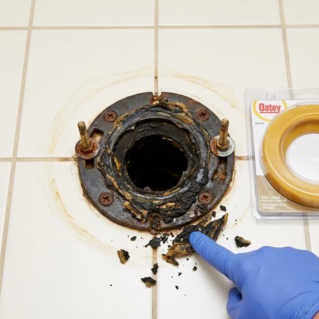 Failed wax ring showing water seepage at the base of a toilet in a Tarkio, MO home