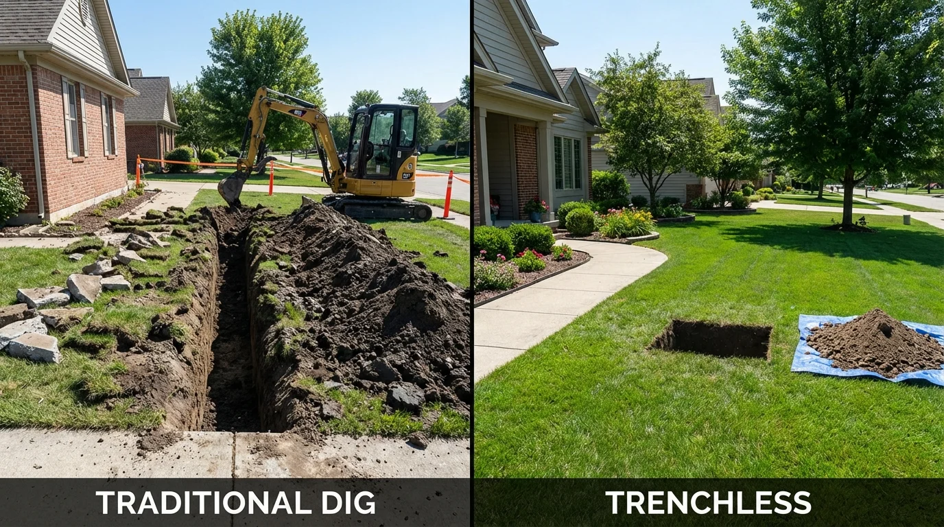 Trenchless sewer repair with minimal yard damage versus traditional excavation in Tarkio, MO