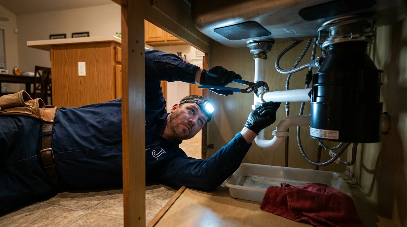 P-trap and supply line connections under a kitchen sink showing a common leak point in Tarkio, MO